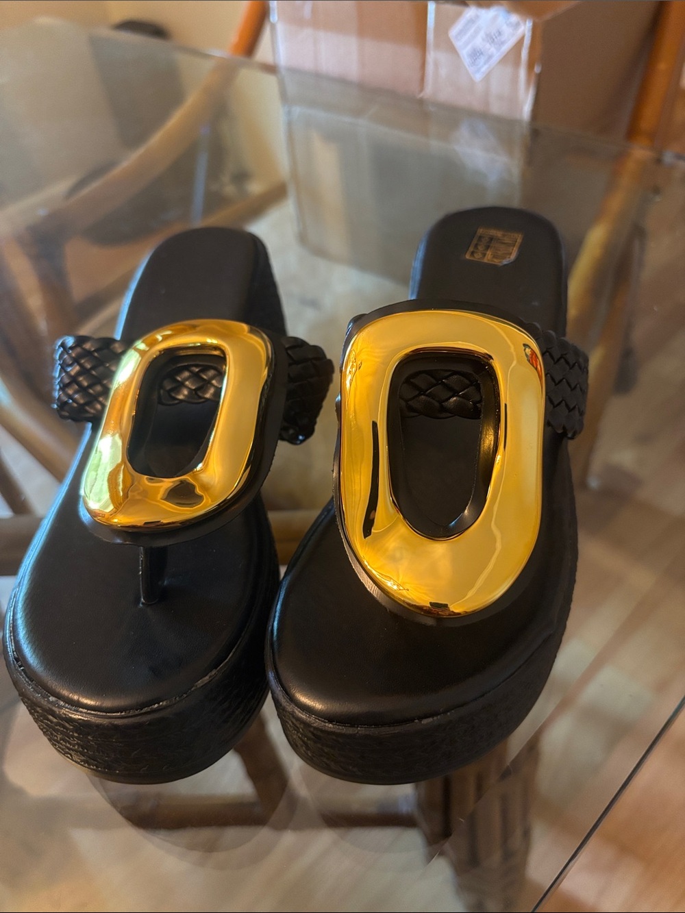 Black Platform Thong Sandals with Gold Accent